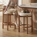 LukeAlon Mid Century Linen Counter Stools Set of 2, Upholstered 26.5” Seat Height Low Barstools with Natural Wood Legs Round Low Back Kitchen Stools with Footrest for Dining Room, Beige
