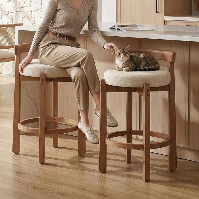 LukeAlon Mid Century Linen Counter Stools Set of 2, Upholstered 26.5” Seat Height Low Barstools with Natural Wood Legs Round Low Back Kitchen Stools with Footrest for Dining Room, Beige
