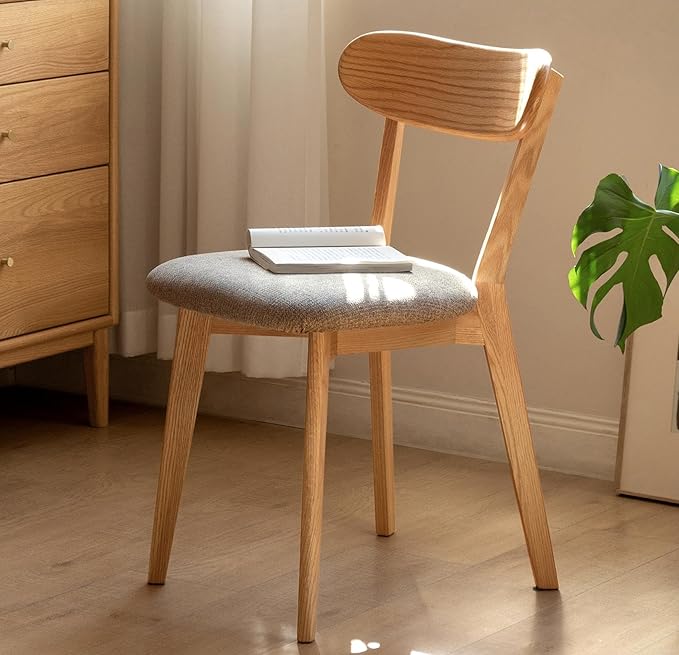 Modern Solid Wood Dining Chair, Kitchen Dining Room Chair with Upholstered Cushion and Seat Cover, Curved Backrest, 100% FAS Grade North America Oak Wood, Natural