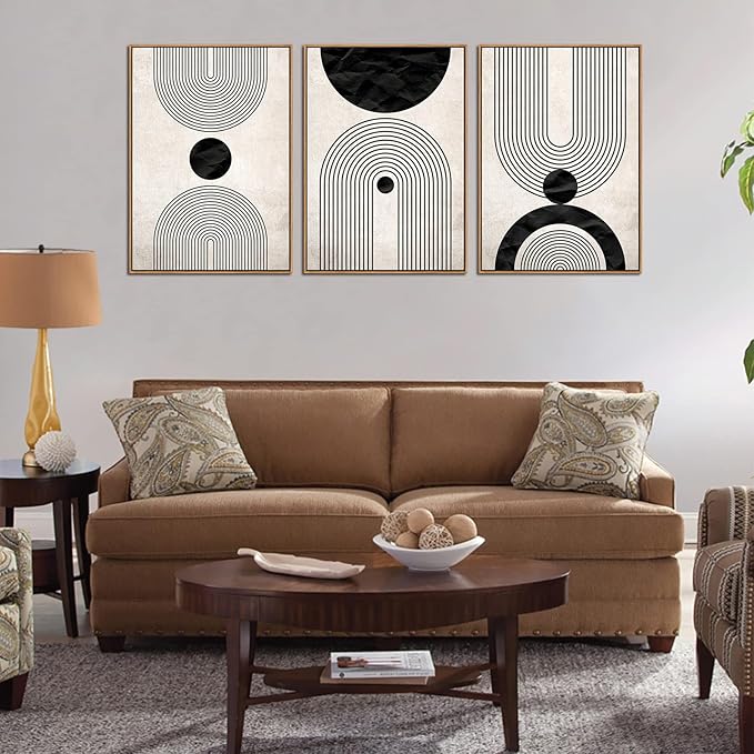 Framed Wall Art Canvas Set Mid Century Boho Pictures Modern Abstract Geometric Wall Decor Minimalist Black Beige Bohemian Canvas Painting Artwork for Living Room Bedroom Office 20"x28"x3 Natural