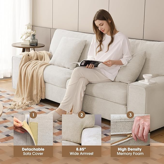 DOPEDIO Modern Living Room Sofa Set, 71.25" Chenille Loveseat with 2 Accent Chairs, Removable Covers, Spring Cushions, Solid Wood Frame, Easy Assembly（71.25inch+2 Single,Beige）