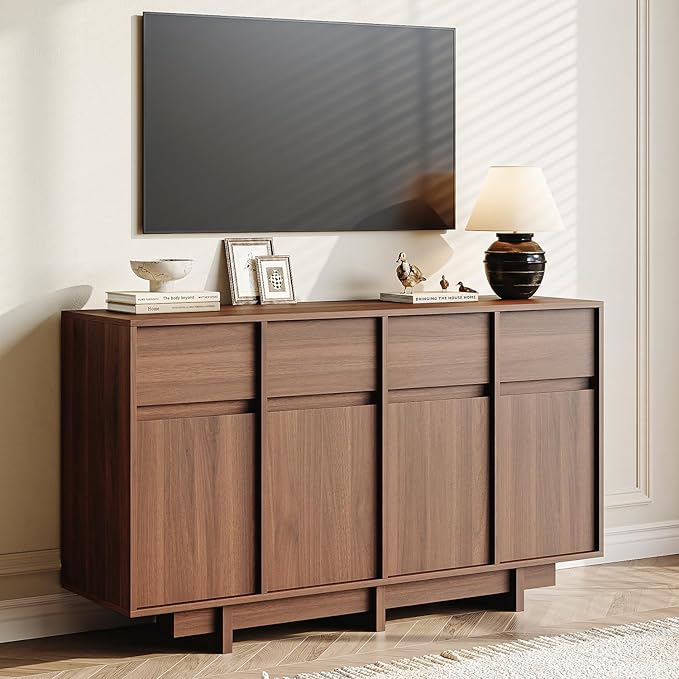 CHUWELL 55" Sideboard Buffet Cabinet,Walnut Coffee Bar Cabinet with 4 Sliding Doors and 4 Drawers,Minimalist Linear Design & Handleless Design Sideboard for Living Room