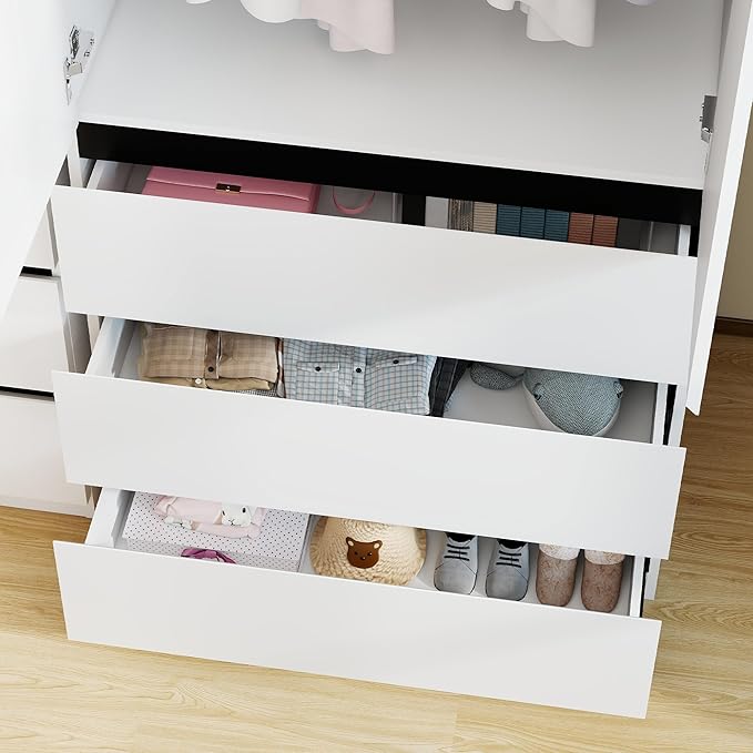 Bedroom Armoire Wardrobe Closet with 6 Drawers: White Wardrobe Closet with 4 Doors, Modern Cabinet for Clothes with Shelves, Wooden Armoire for Hanging Clothes (Modern, 2)
