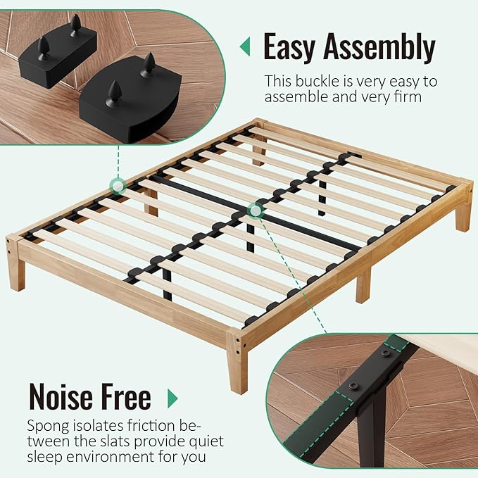 Queen Size Solid Wood Platform Bed - Noise-Free Design with Metal and Wood Slat Support, No Box Spring Needed, Easy Assembly, Natural Wood Finish