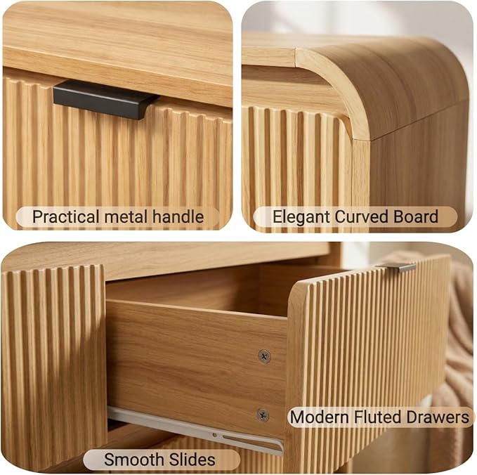 FURSUN Fluted 8 Drawers Dresser for Bedroom, 55" Wide Wooden Dresser with Metal Handle, Curved Profile Design, Modern Storage Organizer for Bedroom, Living Room, Hallway, Natural Oak