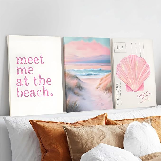 Yudinbin Framed Pink Beach Preppy Coastal Canvas Wall Art Girls Aesthetic Room Decor Painting Poster Print for Girls Bedroom Dorm Home 16x12 in