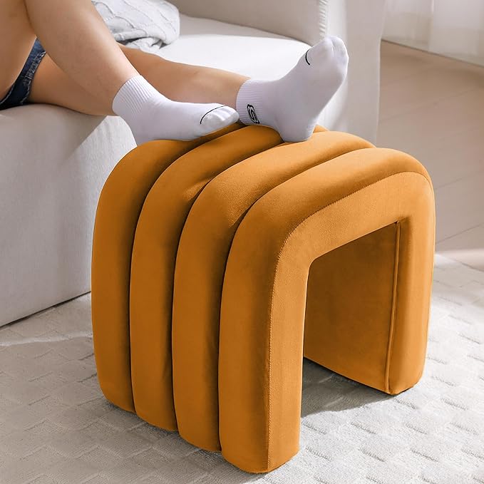 Multi-Functional Ottoman Stool Set of 2, Footrest for Couch, Modern Vanity Stool for Make-up Room, Living Room and Entryway, Small Cute Footstool (Cognac Velvet)