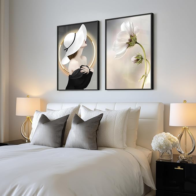 Framed Modern Woman Wall Art for Girls Bedroom, Set of 2 Black and White Luxury Floral Artwork for Walls, Large Bright Style Modern Art Picture Print for Living Room Office Hallway Bedroom, 20x30 Inch