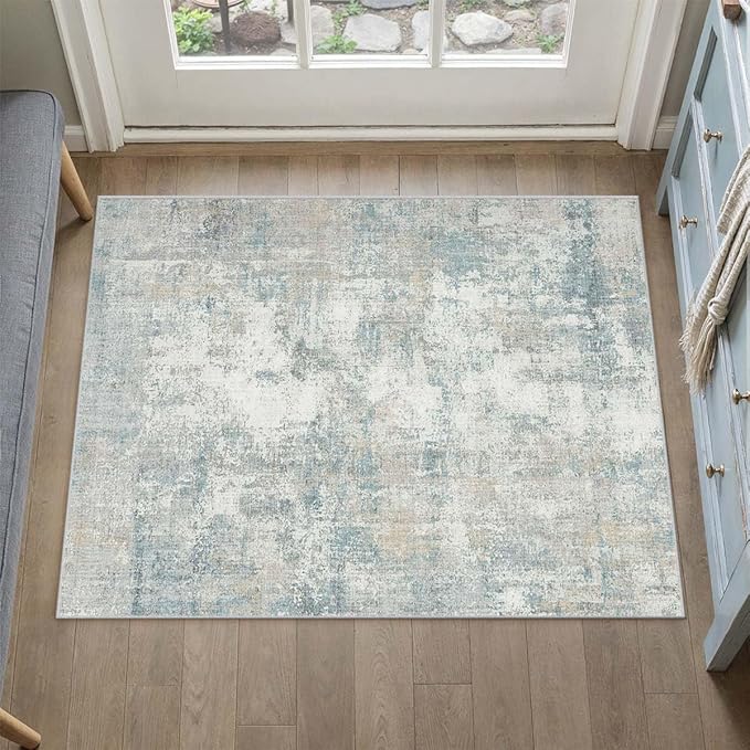 2x3 Washable Area Rug Blue Cream Abstract Non Slip Soft Low Pile Small Rug for Entryway Kitchen Bathroom Neutral Modern Throw Carpet for Living Room Bedroom Home Decor