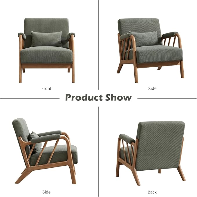 IOMOR Mid Century Modern Accent Chair with Solid Wood Frame, Upholstered Living Room Chairs with Lumbar Cushion Padded Arms, Reading Armchair for Bedroom (2, Olive Green)