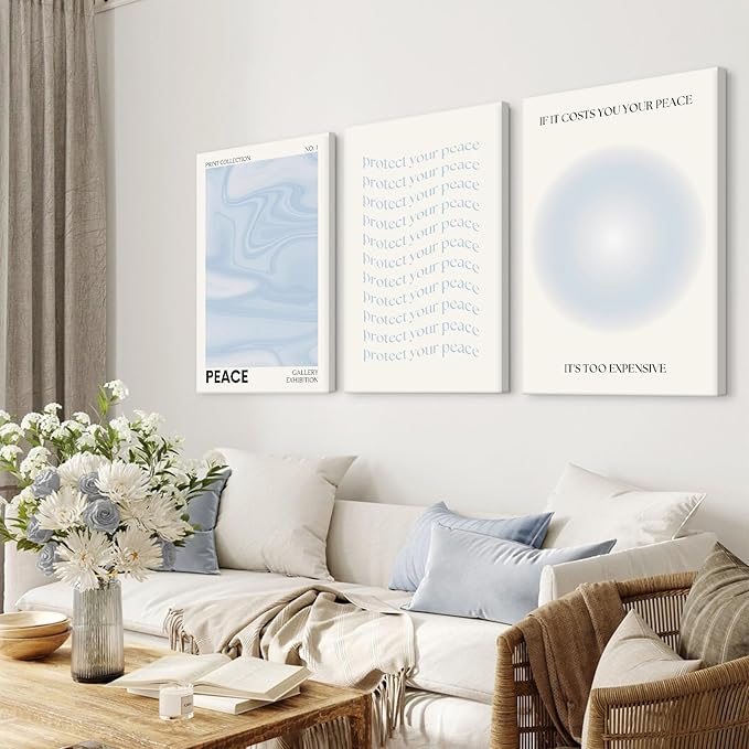 Blue Aura Wall Art Decor Retro Aesthetic Canvas Wall Art Pastel Abstract Pictures Prints Preppy Gradient Spiritual Poster Trendy Artwork Blue Painting for Room Bedroom 16x24 Inch Framed Set of 3