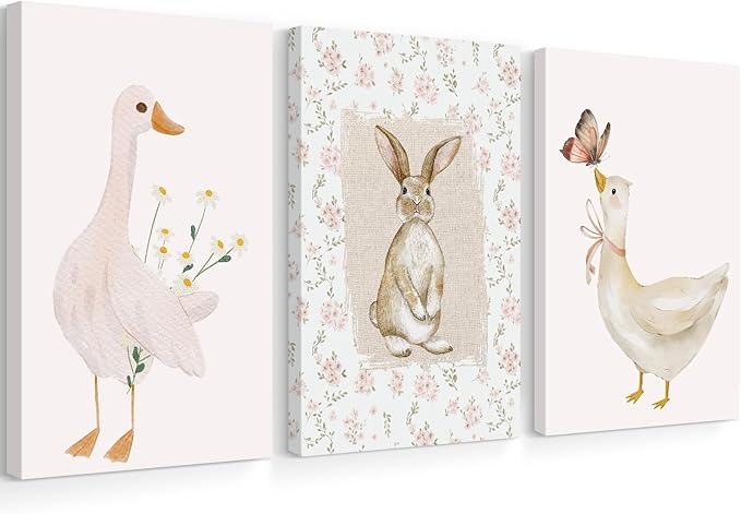Vintage Nursery Wall Art Goose Canvas Poster Coquette Wall Decor Baby Girl Painting Kids Poster Bunny Rabbit Prints Cute Animal Pictures Duck Artwork for Bedroom Living Room 16x24x3 Inch Ready to Hang