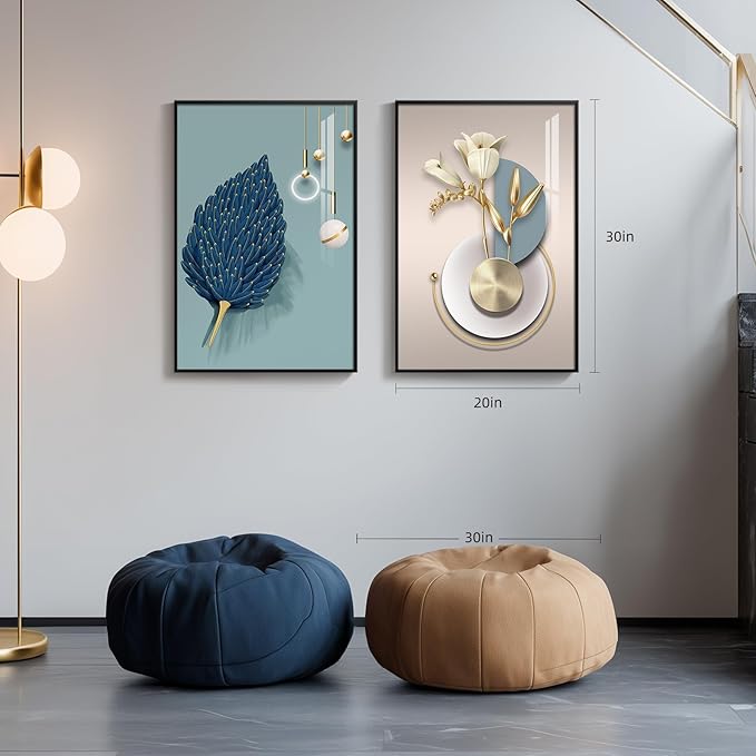 Framed Modern Luxury Wall Art for Bedroom, Set of 2 Blue Modern Elegant Leaf Floral Artwork for Walls, Large Bright Style Art Prints with Black Frame for Living Room Office Kitchen Wall Decor, 20"x30"