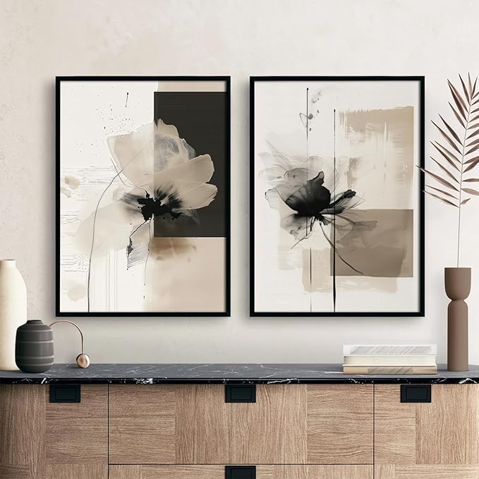 Modern Abstract Floral Wall Art Minimalist Neutral Canvas Painting Decor Beige Cream And Black Wall Art Contemporary Flower Picture Prints for Living Room Bedroom 12x16 Inch Unframed Set of 2