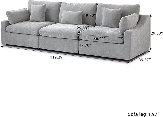 Modular Sectional Sofa Cloud Couch, 119.29" Oversized 3 Seater Sofa with Pillows, Linen Blend Fabric Minimalist Deep Seat Sofa Couches for Living Room, Sofa Covers Washable&Removable, Grey