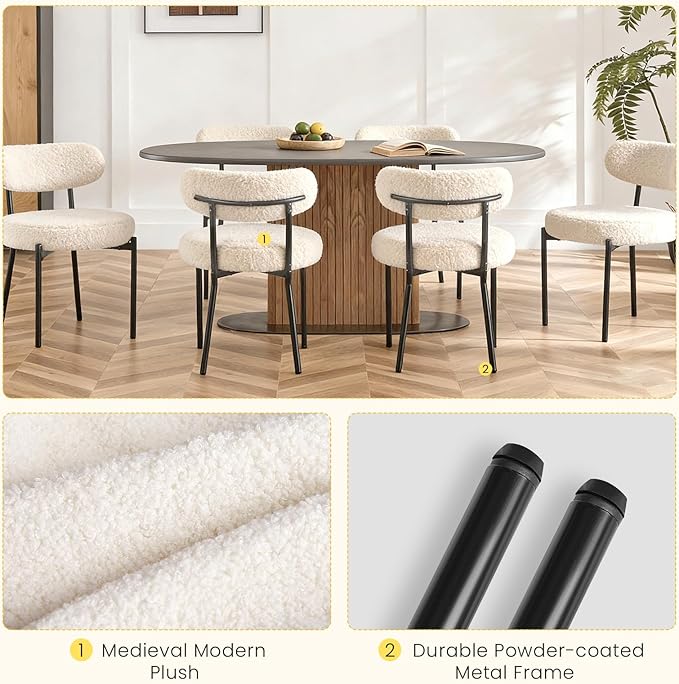 DUMOS Dining Chairs Set of 4, Mid Century Modern Chair Round Upholstered Curved Backrest, Kitchen Vanity Living Room Chairs with Black Metal Legs，Light Beige