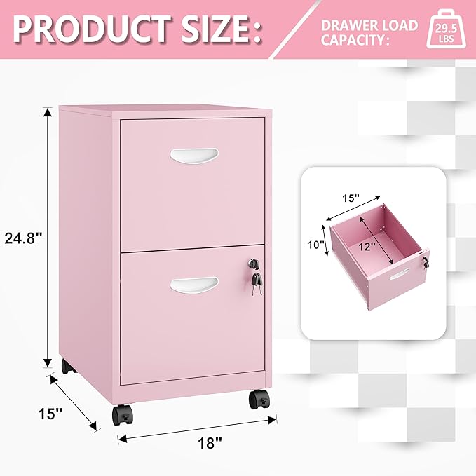 Polup 2 Drawer Rolling File Cabinet on Wheels, Mobile Two Drawer Filing Cabinet with Lock, Small Files Cabinets for Under Desk, Metal Filing Cabinets for Letter Size Folders, Pink - Assembly Required