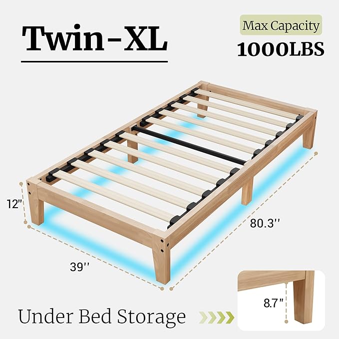 Awesofurni Twin XL Bed Frame with LED Lights, 12 Inch Solid Wood Platform Bed with Wooden Slats, Natural Finish, No Box Spring Needed, Noise Free - Easy Assembly