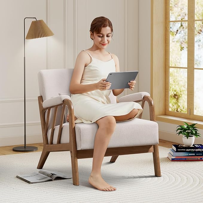 IOMOR Mid Century Modern Accent Chair with Solid Wood Frame, Upholstered Living Room Chairs with Lumbar Cushion Padded Arms, Reading Armchair for Bedroom (1, Beige)