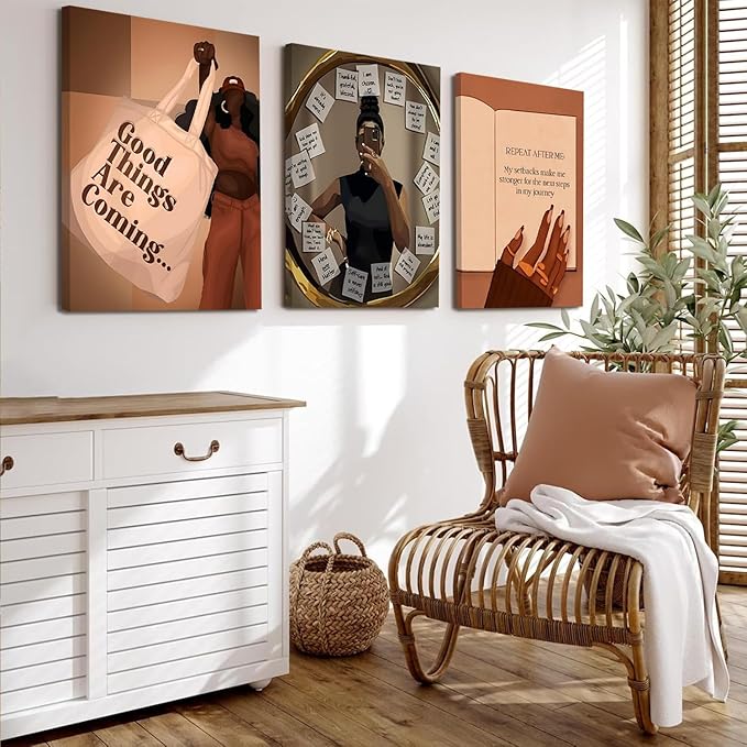 3pcs Black Girl Wall Art African American Wall Decor Painting Fashion Abstract Black Woman Poster Canvas Prints Pictures for Living Room Bedroom 16x24 inch Framed