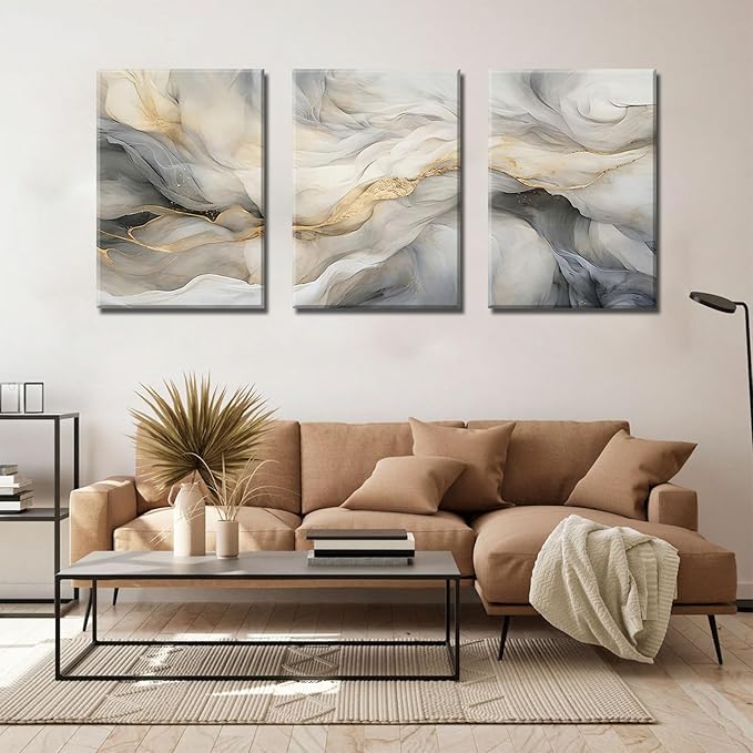 White and Grey Canvas Wall Art Set of 3 Abstract Beige Gold Marble Fluid Wall Decor Pictures Neutral Modern Minimalist Posters Prints for Living Room Bedroom Home Decoration 12x16in