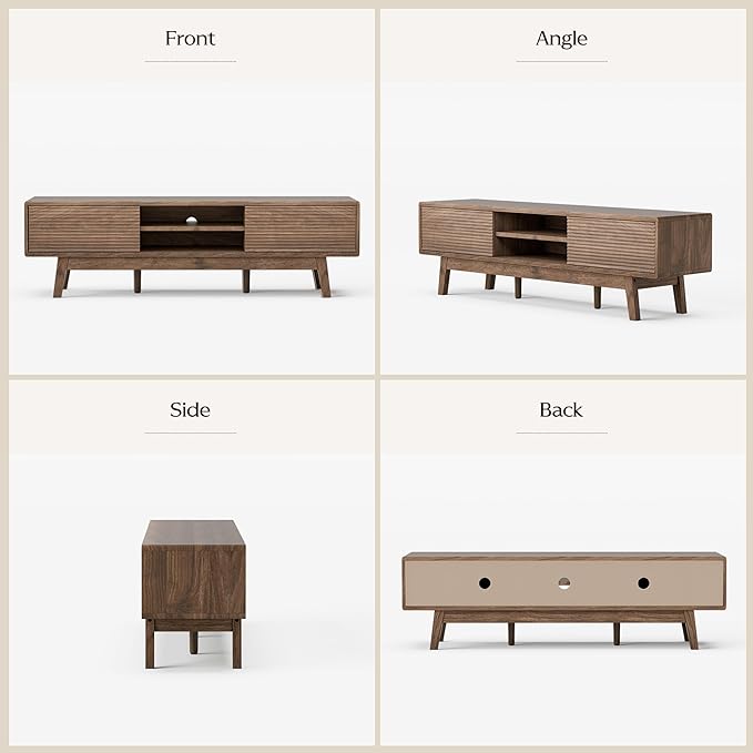 TOLEAD 59" Mid Century Modern TV Stand for TVs up to 65 Inch, Low Profile Entertainment Center with Fluted Sliding Doors & Storage, Wood TV Console Table for Living Room, Walnut
