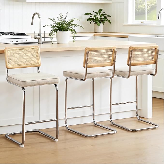Zesthouse Rattan Counter Stools Set of 3, 26'' Mid Century Modern Bar Stools, Linen Fabric Counter Height Barstool with Solid Wood Back & Natural Cane Mesh, Boho Cantilever Island Chair, Beige Grayish