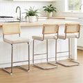 Zesthouse Rattan Counter Stools Set of 3, 26'' Mid Century Modern Bar Stools, Linen Fabric Counter Height Barstool with Solid Wood Back & Natural Cane Mesh, Boho Cantilever Island Chair, Beige Grayish