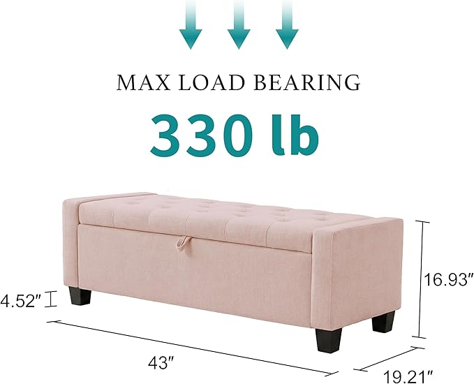 Huatean Home 43" Ottoman with Storage, Pink Storage Ottoman Bench with Safety Hinge, Upholstered Entryway Bench with Seating for Bedroom, Living Room, Holds up to 330 lb