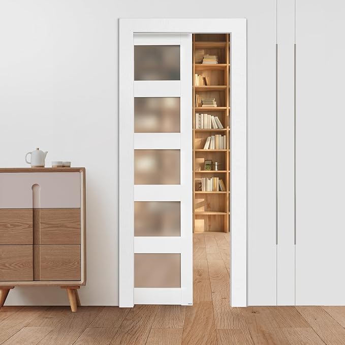 VEVOR Sliding Pocket Door, 30" x 80", 5-Lite Frosted Glass with Hardware Kit, Sturdy Solid Wood & MDF Pocket Doors Slab with Waterproof Surface, Pre-Drilled Doors Panel, Need to Assemble