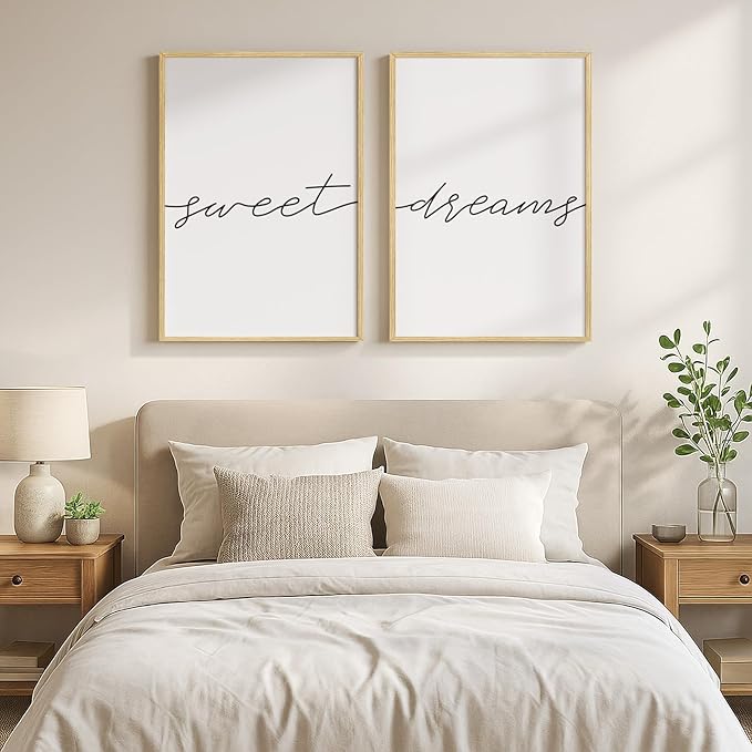 Framed Sweet Dreams Wall Art for Bedroom Decor, Set of 2 Minimalist Quote Canvas Prints, Modern Black and White Typography Artwork for Nursery Guest Room Bedroom Hallway Walls Decor, 16x24 Inch