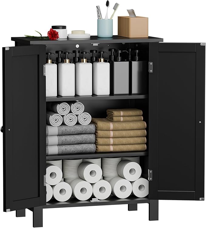 SUPER DEAL Modern Bathroom Floor Storage Cabinet with Adjustable Shelf and Double Door Rust Proof, Living Room Modern Home Furniture Storage Organizer Cabinet, Black