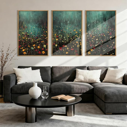 Anyzal Large Dark Moody Wildflowers Framed Wall Art 16x24 Inch Green Watercolor Floral Landscape Canvas Wall Decor Modern Botanical Prints for Living Room Bedroom Office Set of 3