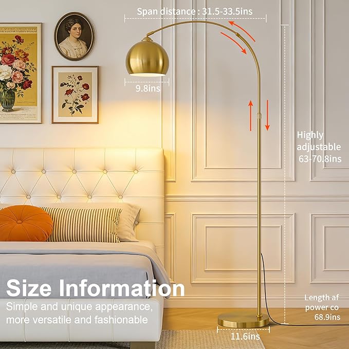 Brushed Gold Arc Floor Lamp 71" Tall, Dimmable 12W LED Smart Standing Lamp with Remote, 360° Rotatable Adjustable Height & Span, Elegant Floor Lamp for Living Room, Bedroom, Office, Library