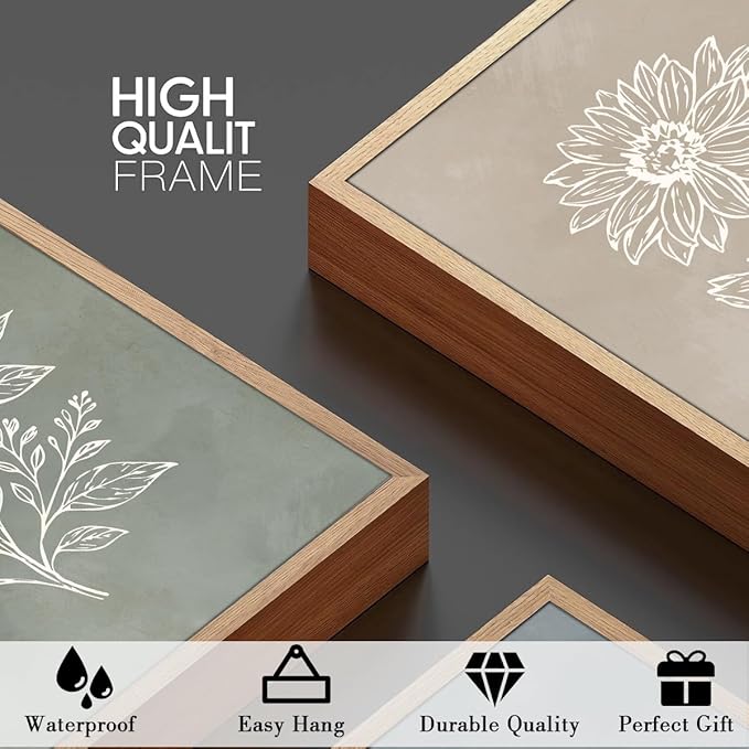 Anyzal Large Boho Botanical Framed Wall Art 16x24 Inch Minimalist Floral Canvas Wall Decor Farmhouse Plant Art Prints for Living Room Bedroom Dining Room Set of 3
