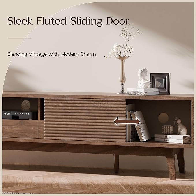 TOLEAD 70" Mid Century Modern TV Stand for TVs up to 75 Inch, Low Profile Entertainment Center with Fluted Sliding Doors & Storage Drawers, Wood TV Console Table for Living Room, Walnut