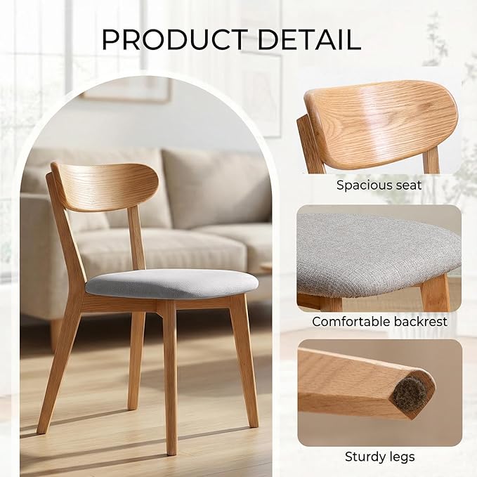 100% Solid Wood Dining Chairs,Mid Century Modern Dining Chairs with Upholstered Cushion,Kitchen,Dining Room Chairs Set of 2 (2, Original Color Grey Upholstery)