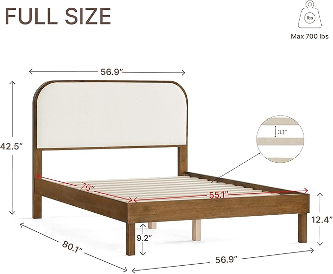KISLOT Wood Bed Frame with Upholstered Headboard, Mid-Century Boucle Fabric Platform Modern Bed Mattress Foundation Noise-Free No Box Spring Needed Easy Assembly