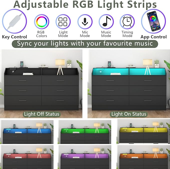 Gyfimoie 6 Drawer Dresser with Power Outlet, Chest of Drawers with LED Light, Modern Dresser with Open Storage Cubby, Double Wide Dressers Organizer for Bedroom, Living Room, Entryway, Hallway