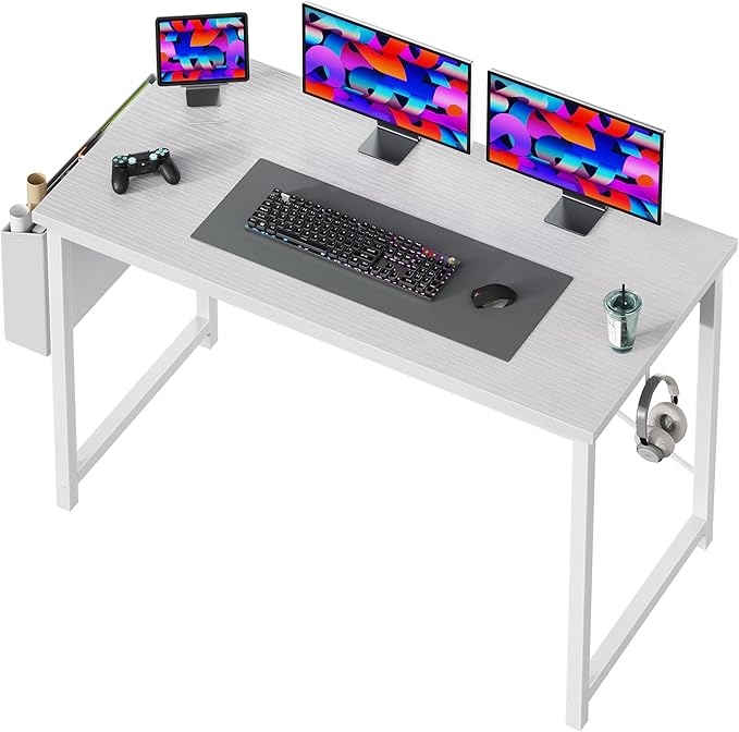 OLIXIS Computer Desk 47 Inch Home Office Desks for Small Spaces, Gaming Writing Study Work Table with Storage Bag and Headphone Hook for Bedroom, White