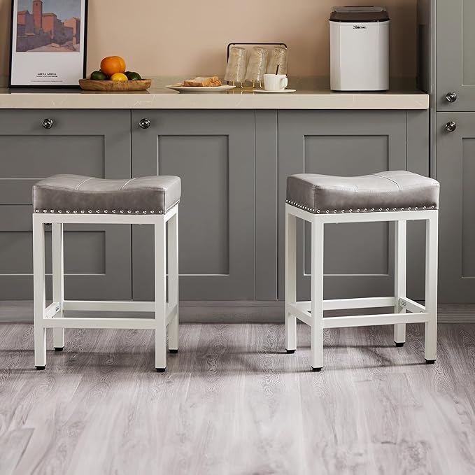 Sweetcrispy 24 inch Bar Stools Set of 4, Upholstered Modern Counter Height Bar Stools for Kitchen Island Modern PU Leather Sadless Stools Chair with Metal Base and Footrest,Grey