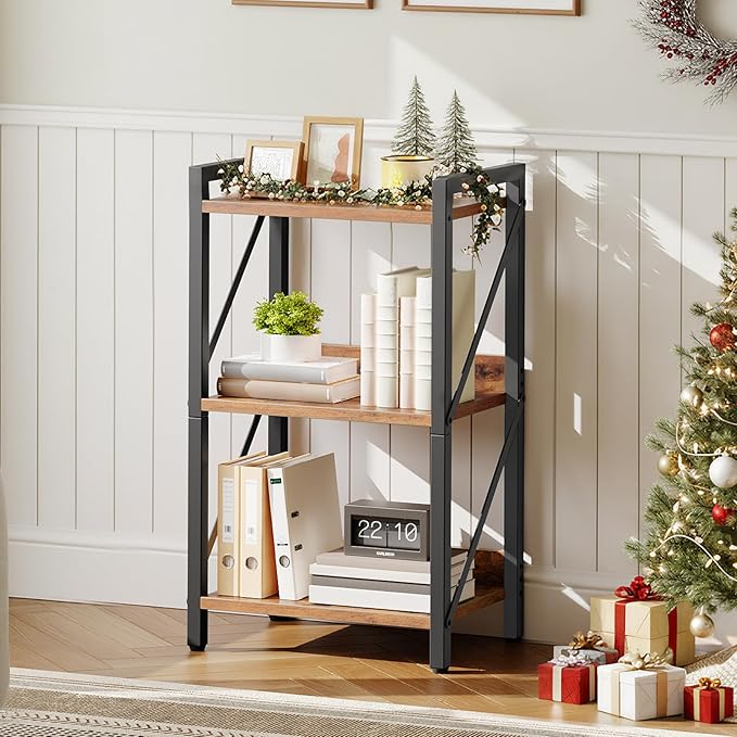 HOOBRO Bookshelf, 3-Tier Industrial Bookcase, Book Shelf Storage Organizer, Small Bookshelf with Metal Frame for Living Room, Bedroom, Home Office, Kitchen, Rustic Brown and Black BF71SJ01