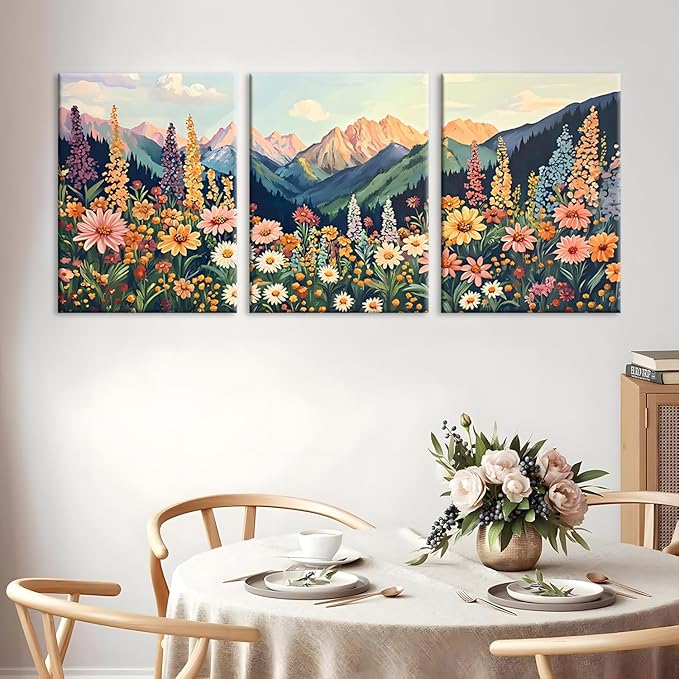 Framed Mountain Daisy Wildflower Landscape Wall Art, Boho Floral Wall Decor, Colorful Daisy Flower Canvas Paintings, Vintage Nature Botanical Poster Prints for Living Room Bedroom 12x16in