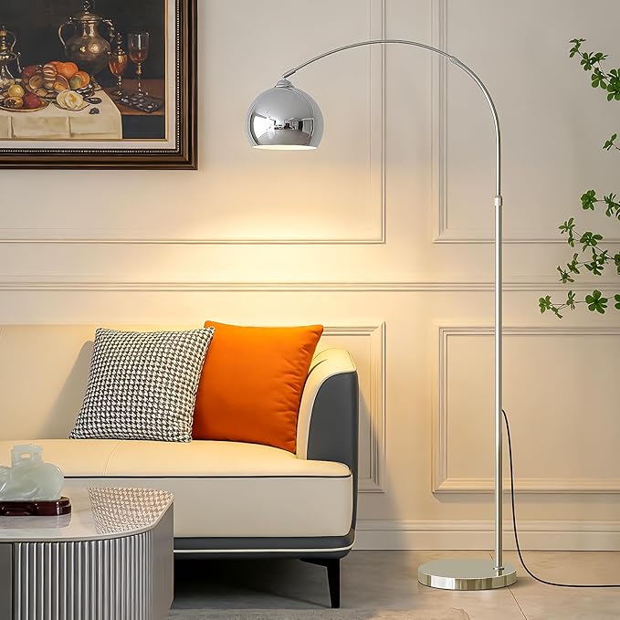 Glossy Silver Arc Floor Lamp 71" Tall, Dimmable 12W LED Smart Standing Lamp with Remote, 360° Rotatable Adjustable Height & Span, Modern Floor Lamp for Living Room, Bedroom, Office, Library