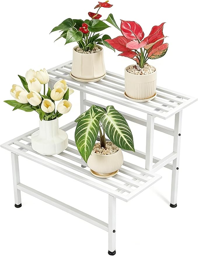 Dipion Metal Plant Stand Outdoor Plant Shelf Indoor,2 Tier Heavy Duty Ladder Plant Stands for Multiple Plants,26" L x 20.25" H x 17.75" W,White