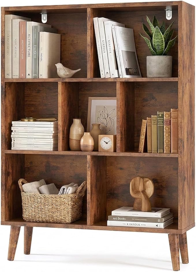 DUMOS Bookshelf, 7 Cube Book Shelf with Legs, 3-Tier Modern Wooden Bookcase, Free Standing Cube Shelf for Living Room, Bedroom, Office, Retro Brown