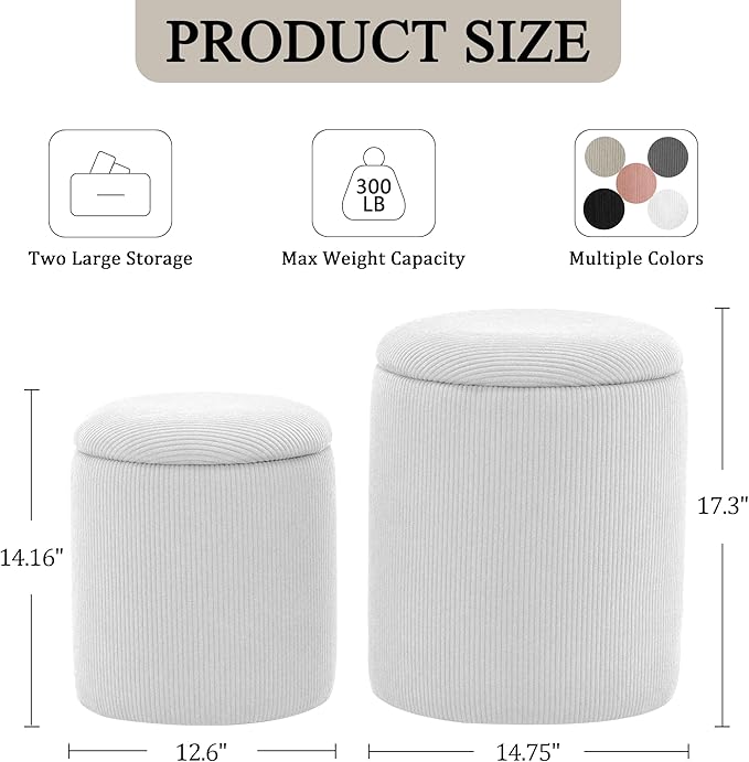 YSICK Round Ottoman with Storage, Set of 2, Small Vanity Stool as Vanity Chair, Corduroy Ottoman Foot Rest for Small Space, Living Room, Bedroom, White