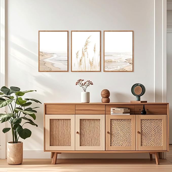 HPNIUB Modern Beach Artwork Seascape Wall Art, Seaside Framed Painting Reed Pathway Picture, Minimalist Neutral Coastal Landscape Wall Decor for Living Room,Bathroom(Set of 3,12X16 Inch)