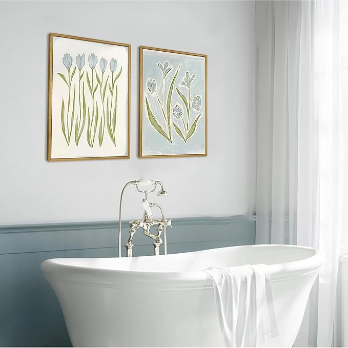 Blue Tulip Flower Wall Art Set of 2, Watercolor Floral Preppy Canvas Poster Prints, Modern Botanical Painting Aesthetic Picture for Living Room Bedroom Bathroom Apartment Wall Decor 16x24 Inch Framed