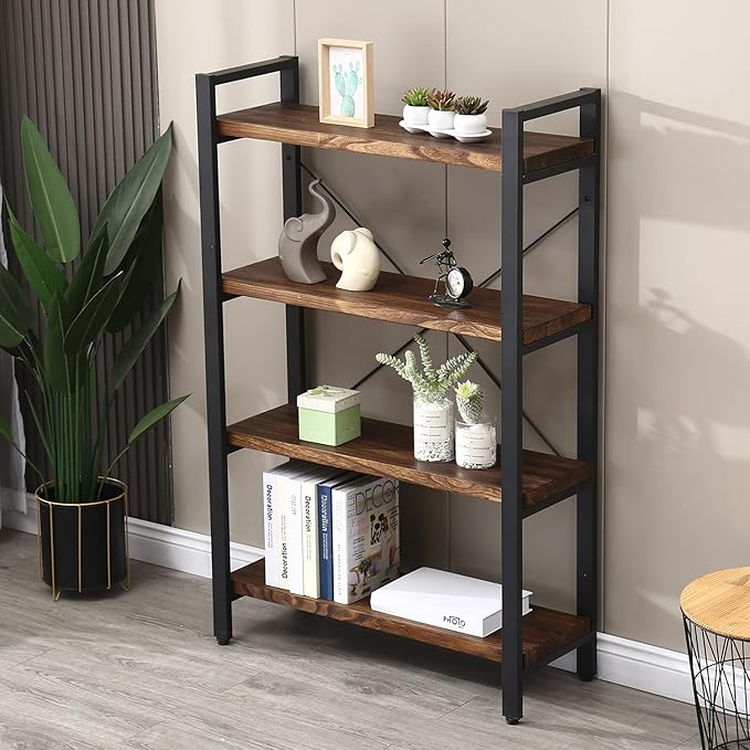 WH-AOERPUMY Solid Wood Bookshelf,4 Tier Rustic Vintage Industrial Etagere Bookcase, Open Metal and Wood Vintage Book Shelf, Retro Brown (RealWood)(4-Tier)